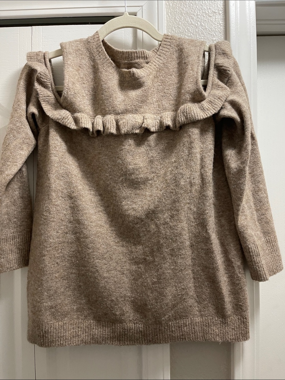 LOFT Beige Ruffle Cold-Shoulder Crewneck Sweater